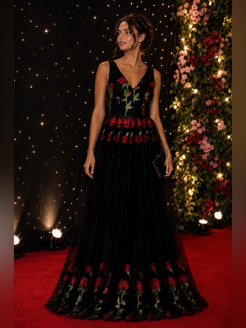 VICI Black Rose Embroidered Tulle sleeveless Maxi Gown